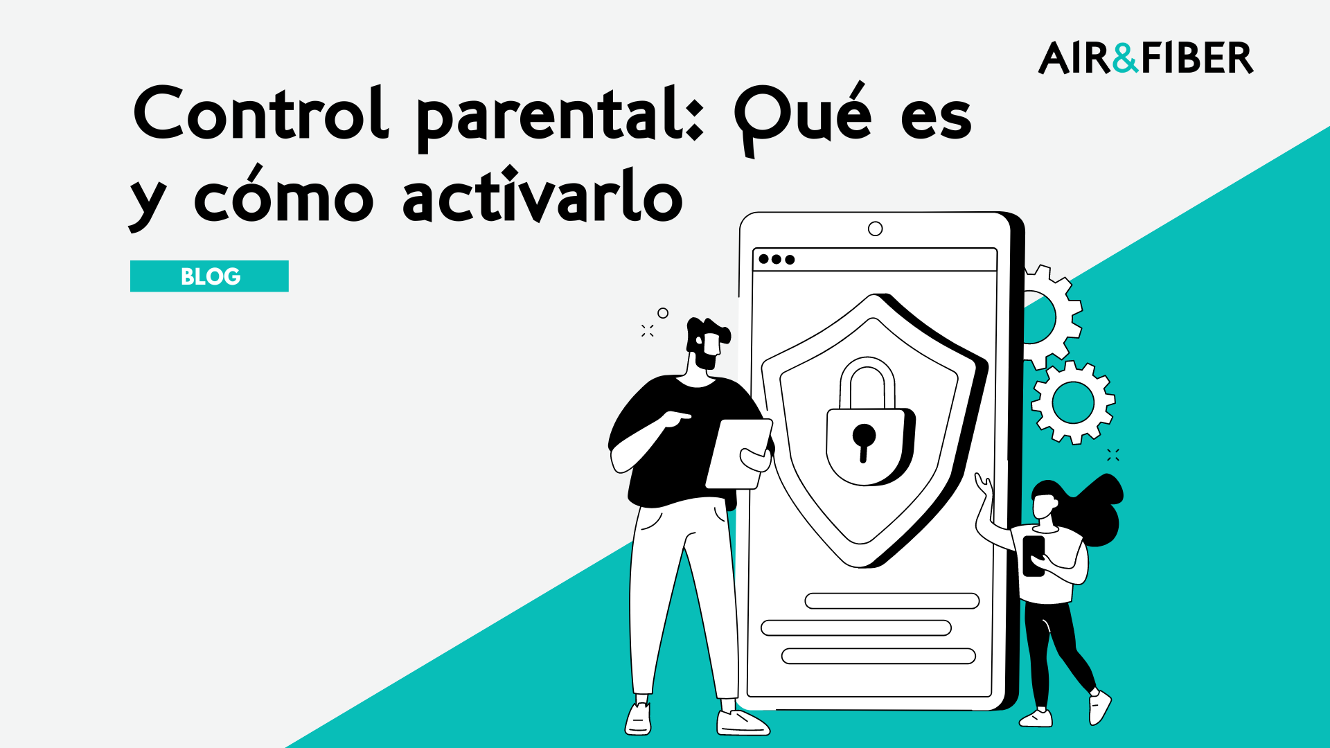 Ilustración de un padre y una hija utilizando dispositivos digitales y junto a un dispositivo móvil, simbolizando la protección y seguridad que ofrece el control parental.